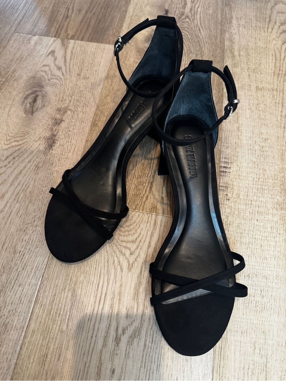 Steve Madden Rae Black Strappy Ankle‑Wrap Block Heel Sandals